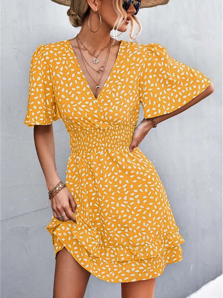 Dotted Print Surplice V-Neck Flutter Sleeve Smocked Waist Tiered Ruffle Mini Dress