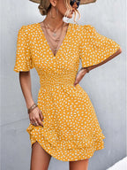 Dotted Print Surplice V-Neck Flutter Sleeve Smocked Waist Tiered Ruffle Mini Dress