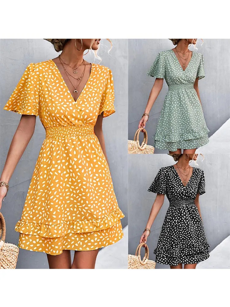 Dotted Print Surplice V-Neck Flutter Sleeve Smocked Waist Tiered Ruffle Mini Dress