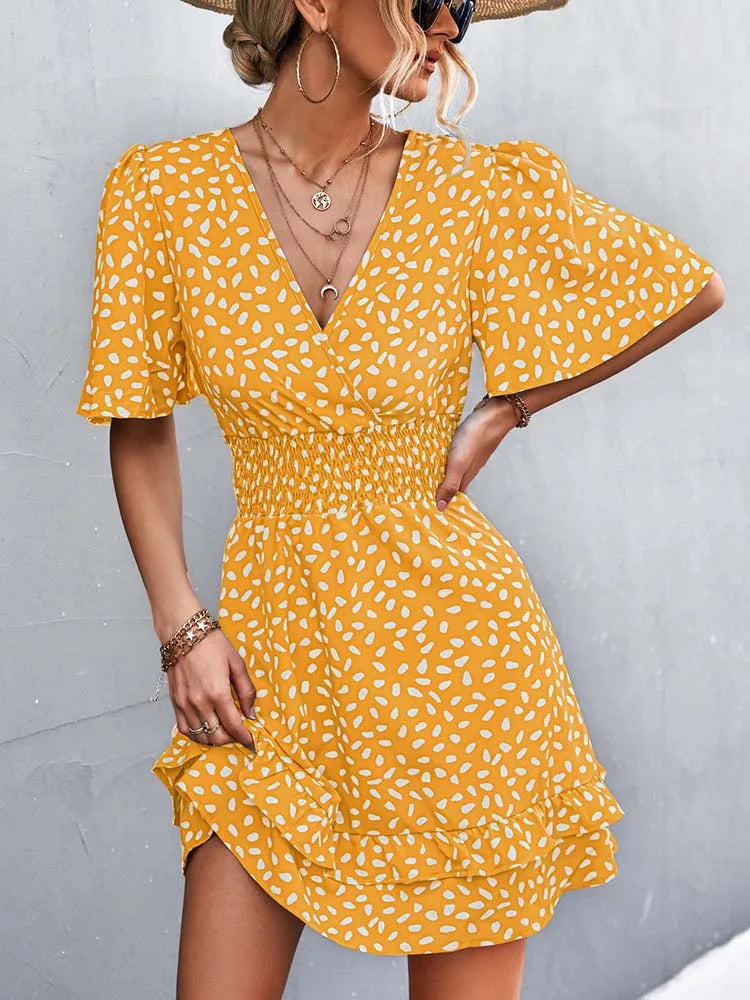 Dotted Print Surplice V-Neck Flutter Sleeve Smocked Waist Tiered Ruffle Mini Dress