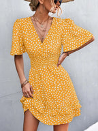 Dotted Print Surplice V-Neck Flutter Sleeve Smocked Waist Tiered Ruffle Mini Dress