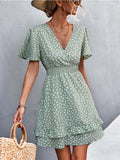 Dotted Print Surplice V-Neck Flutter Sleeve Smocked Waist Tiered Ruffle Mini Dress