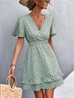 Dotted Print Surplice V-Neck Flutter Sleeve Smocked Waist Tiered Ruffle Mini Dress