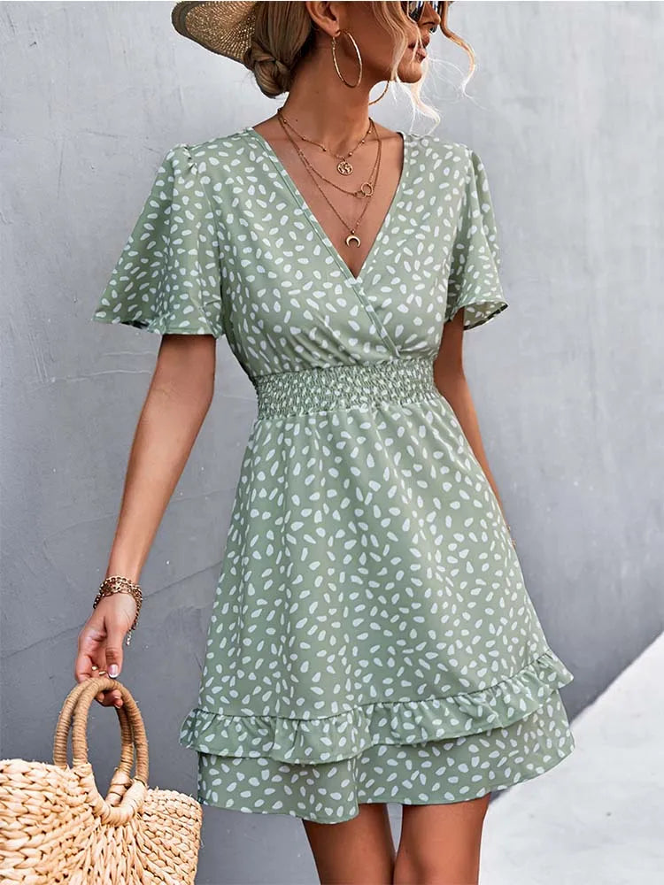 Dotted Print Surplice V-Neck Flutter Sleeve Smocked Waist Tiered Ruffle Mini Dress