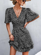 Dotted Print Surplice V-Neck Flutter Sleeve Smocked Waist Tiered Ruffle Mini Dress