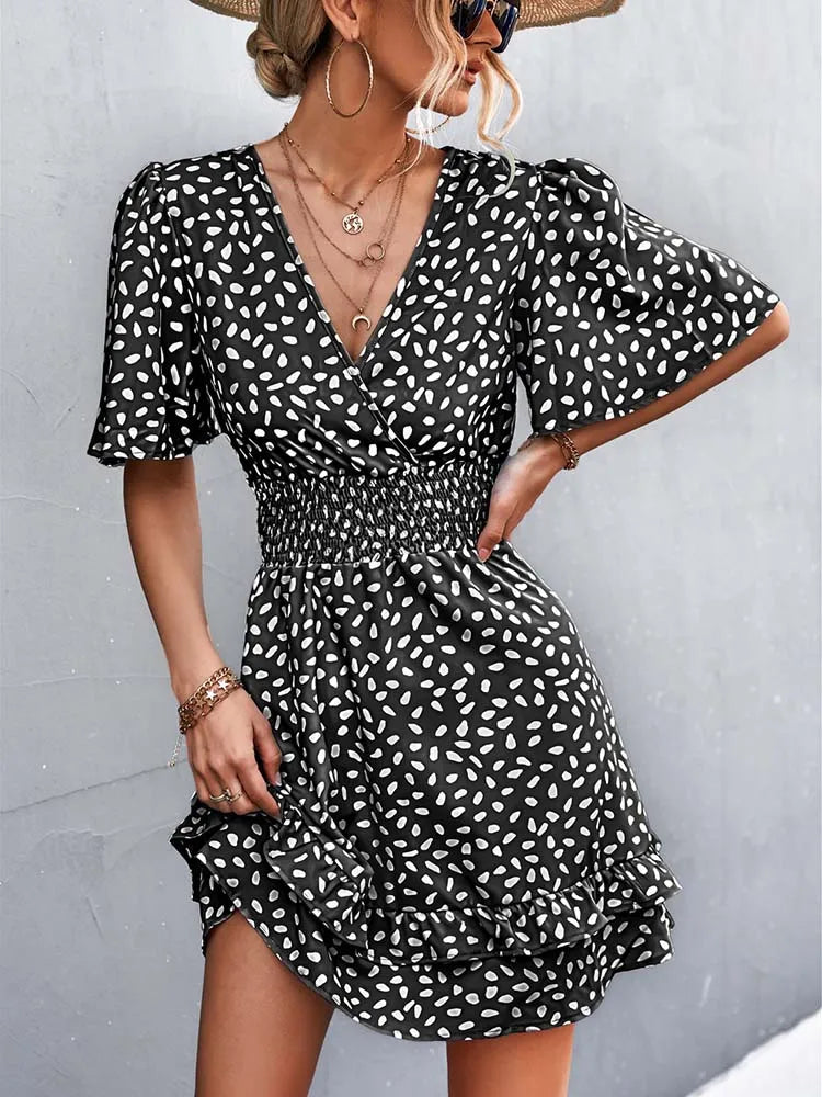 Dotted Print Surplice V-Neck Flutter Sleeve Smocked Waist Tiered Ruffle Mini Dress