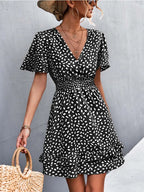Dotted Print Surplice V-Neck Flutter Sleeve Smocked Waist Tiered Ruffle Mini Dress