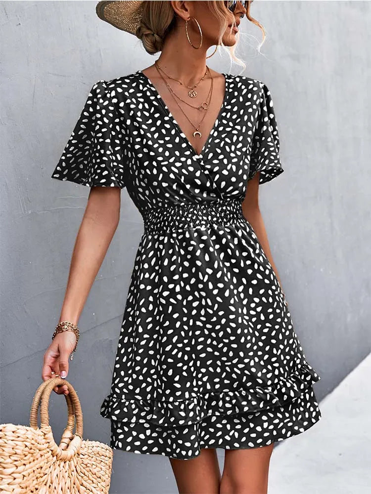 Dotted Print Surplice V-Neck Flutter Sleeve Smocked Waist Tiered Ruffle Mini Dress