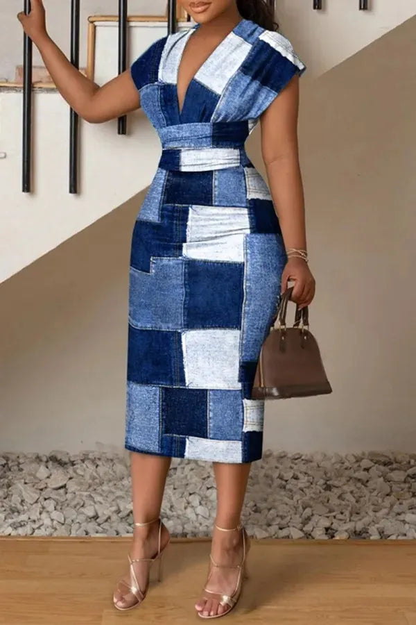 Patchwork Denim Look Deep V-Neck Cap Sleeve Belted Bodycon Midi Dress
