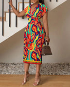 Patchwork Denim Look Deep V-Neck Cap Sleeve Belted Bodycon Midi Dress