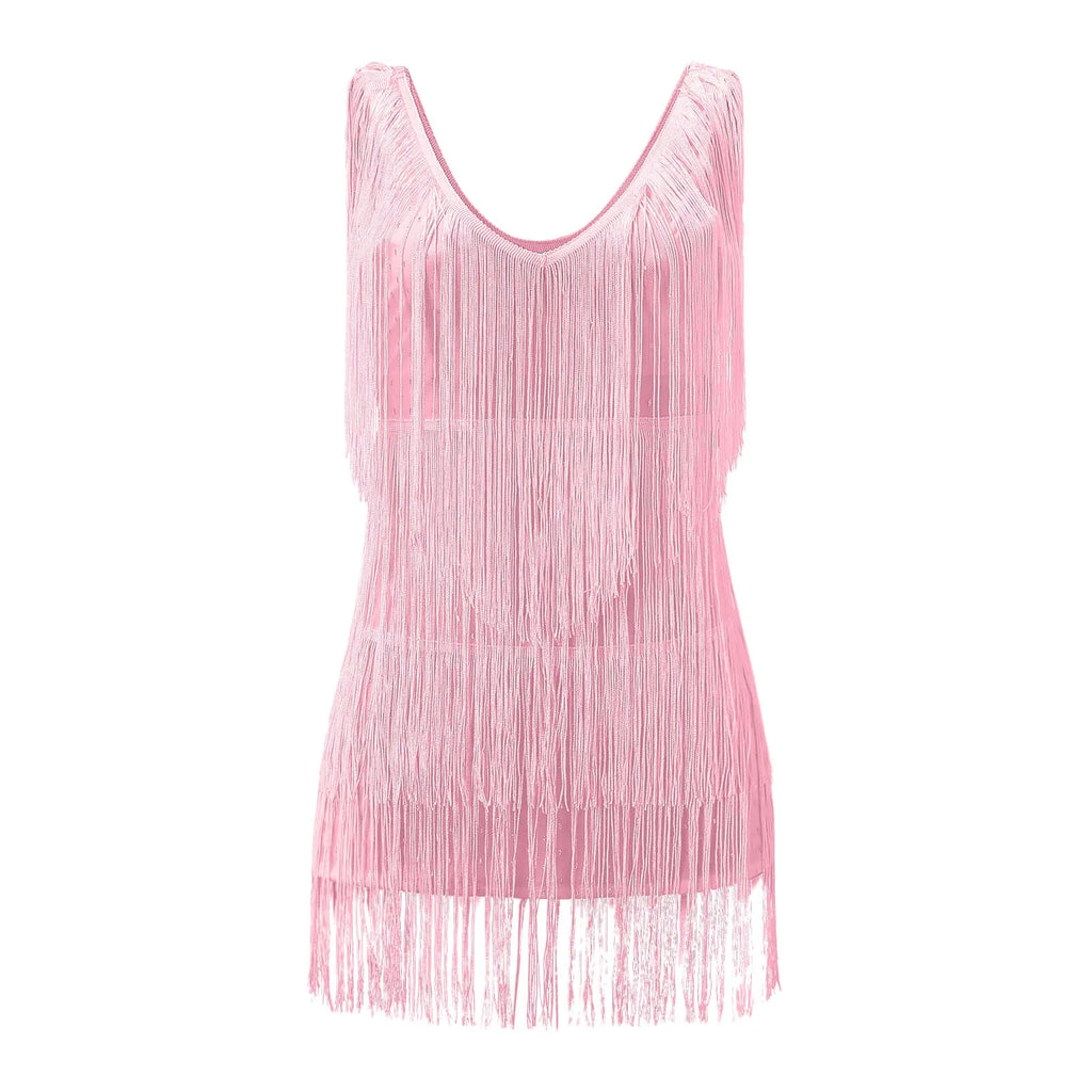 Sequin Fringe Tiered Deep V-Neck Tank Strap Mini Dress