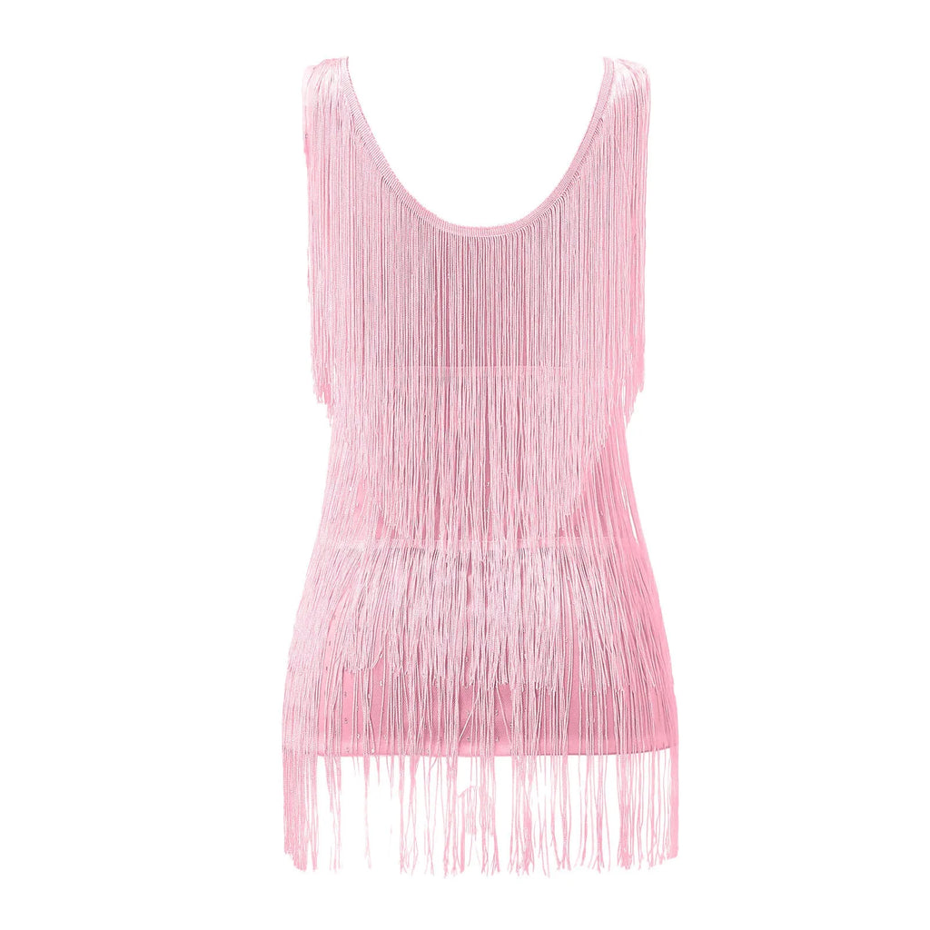 Sequin Fringe Tiered Deep V-Neck Tank Strap Mini Dress
