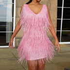 Sequin Fringe Tiered Deep V-Neck Tank Strap Mini Dress