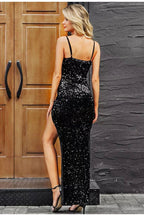 Sequin Deep V-Neck Spaghetti Strap High Split Maxi Gown