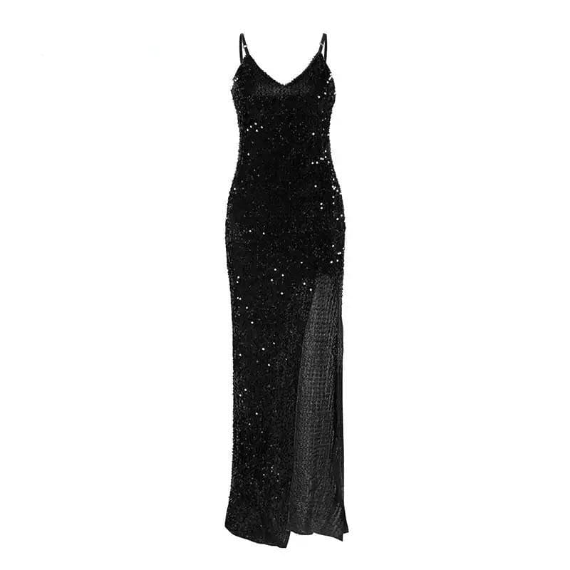Sequin Deep V-Neck Spaghetti Strap High Split Maxi Gown