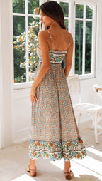 Ditsy Floral Print Spaghetti Strap V-Neck Gathered Waist Maxi Dress