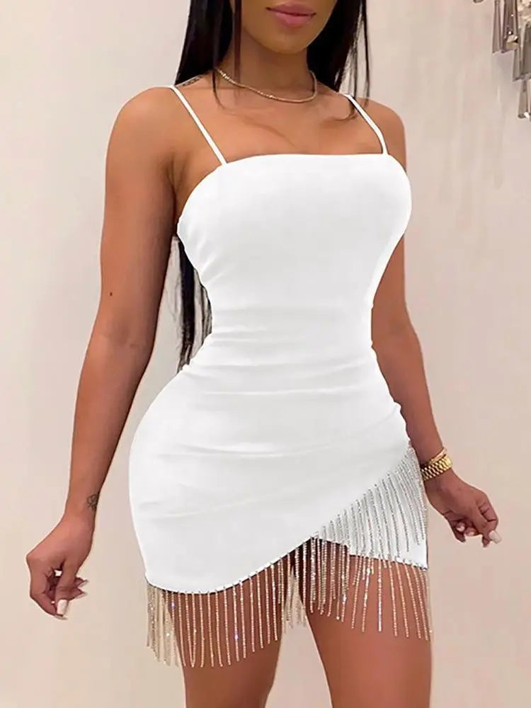 Spaghetti Strap Square Neck Asymmetrical Hem Rhinestone Fringe Bodycon Mini Dress