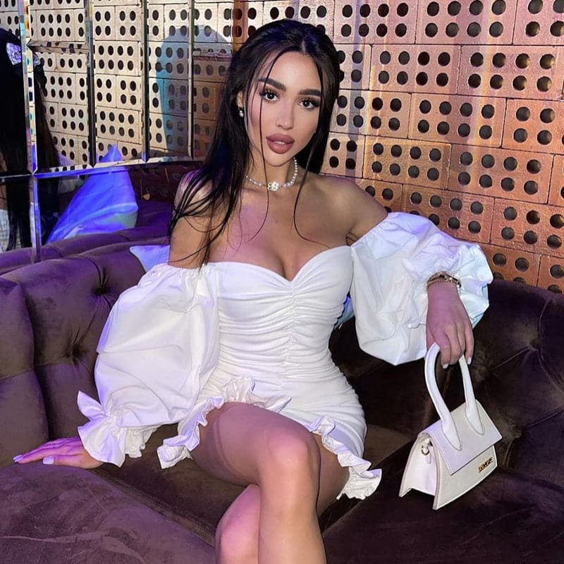 Off Shoulder Sweetheart Puff Sleeve Ruched Bodycon Mini Dress