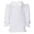 Off Shoulder Sweetheart Puff Sleeve Ruched Bodycon Mini Dress