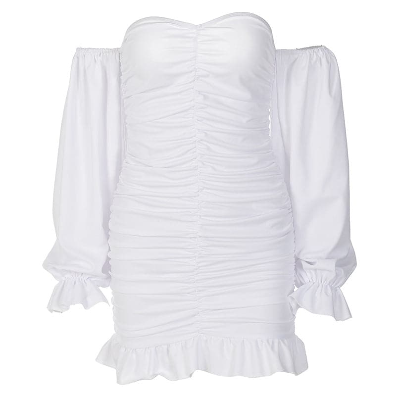Off Shoulder Sweetheart Puff Sleeve Ruched Bodycon Mini Dress