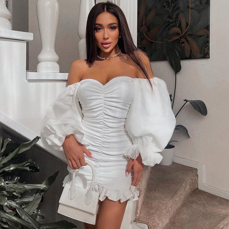Off Shoulder Sweetheart Puff Sleeve Ruched Bodycon Mini Dress