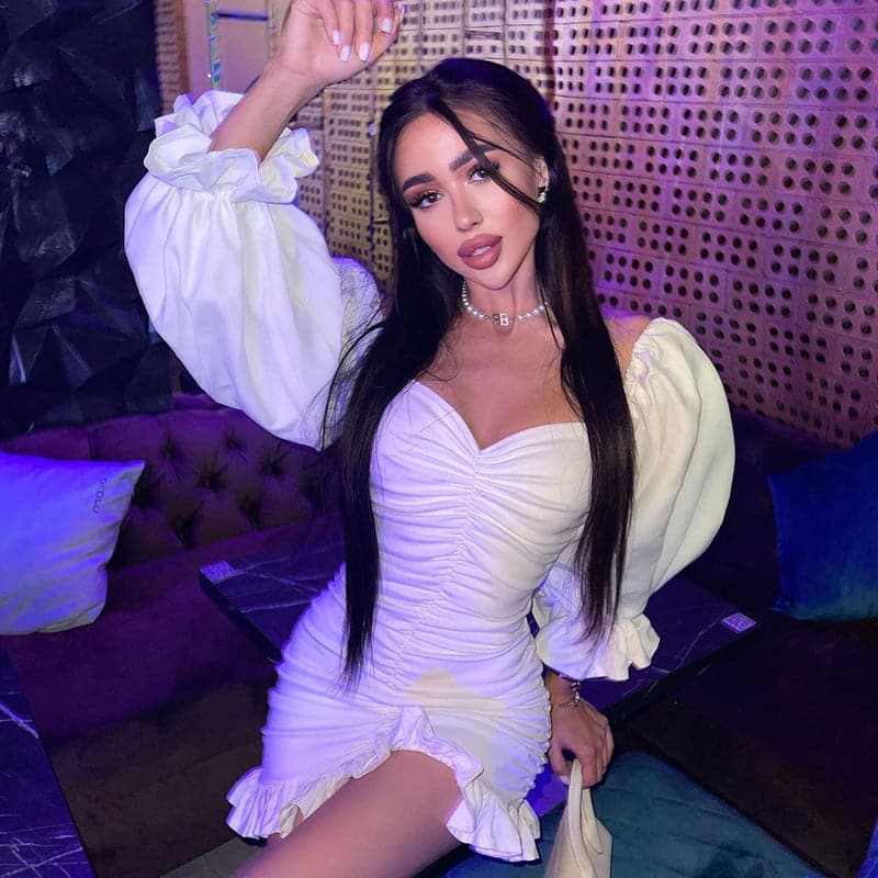 Off Shoulder Sweetheart Puff Sleeve Ruched Bodycon Mini Dress