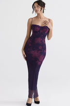 Sweetheart Bodycon Lace Mesh Sleeveless Printed Maxi Dress - Floral