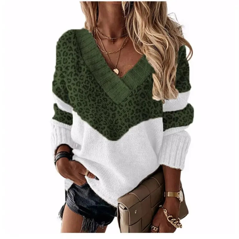 | V-neck sweater in leopard print with color blocks