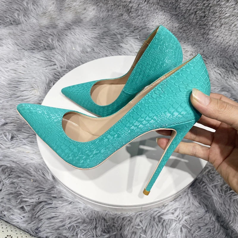 Mint Green Crocodile Effect Pointy Toe High Heel Shoes for Women