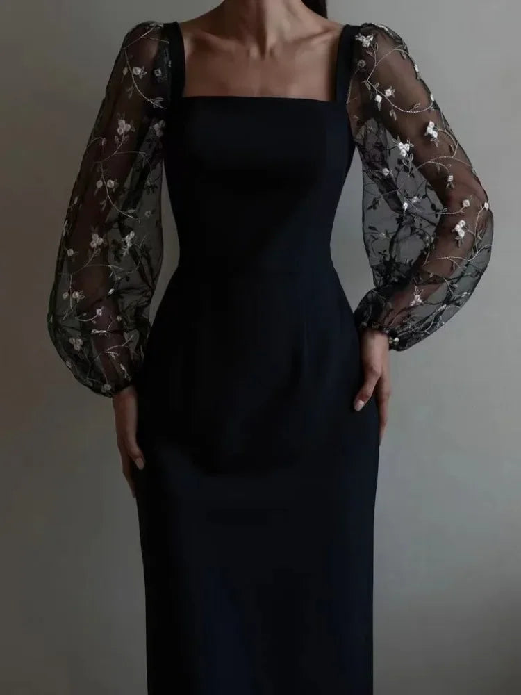 Alfonsine Premium Evening and Party Dress with Square Neckline and Long Sleeves Statement Occasion Edit