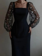 Aurora Aesthetic Evening and Party Dress with Square Neckline and Long Sleeves Statement Occasion Edit