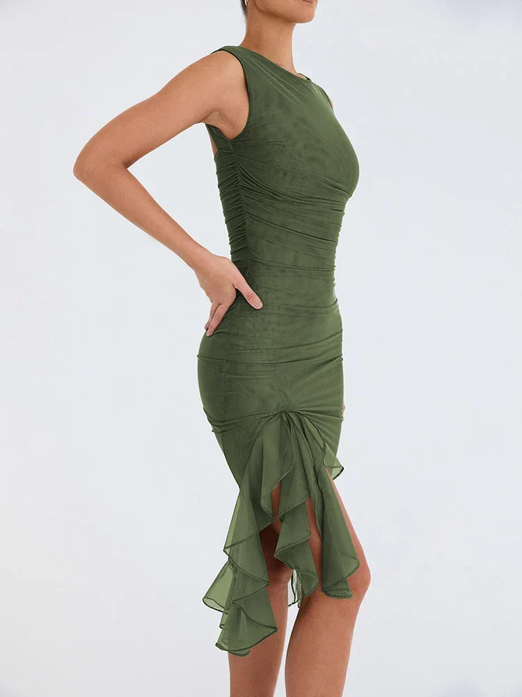 Boat Neck Ruched Mesh Asymmetric Ruffle Hem Bodycon Midi Dress