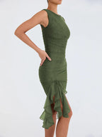 Boat Neck Ruched Mesh Asymmetric Ruffle Hem Bodycon Midi Dress