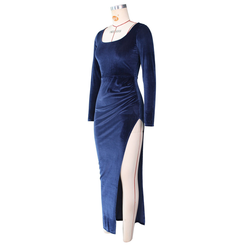 Square Neck Ruched Waist High Slit Long Sleeve Maxi Dress