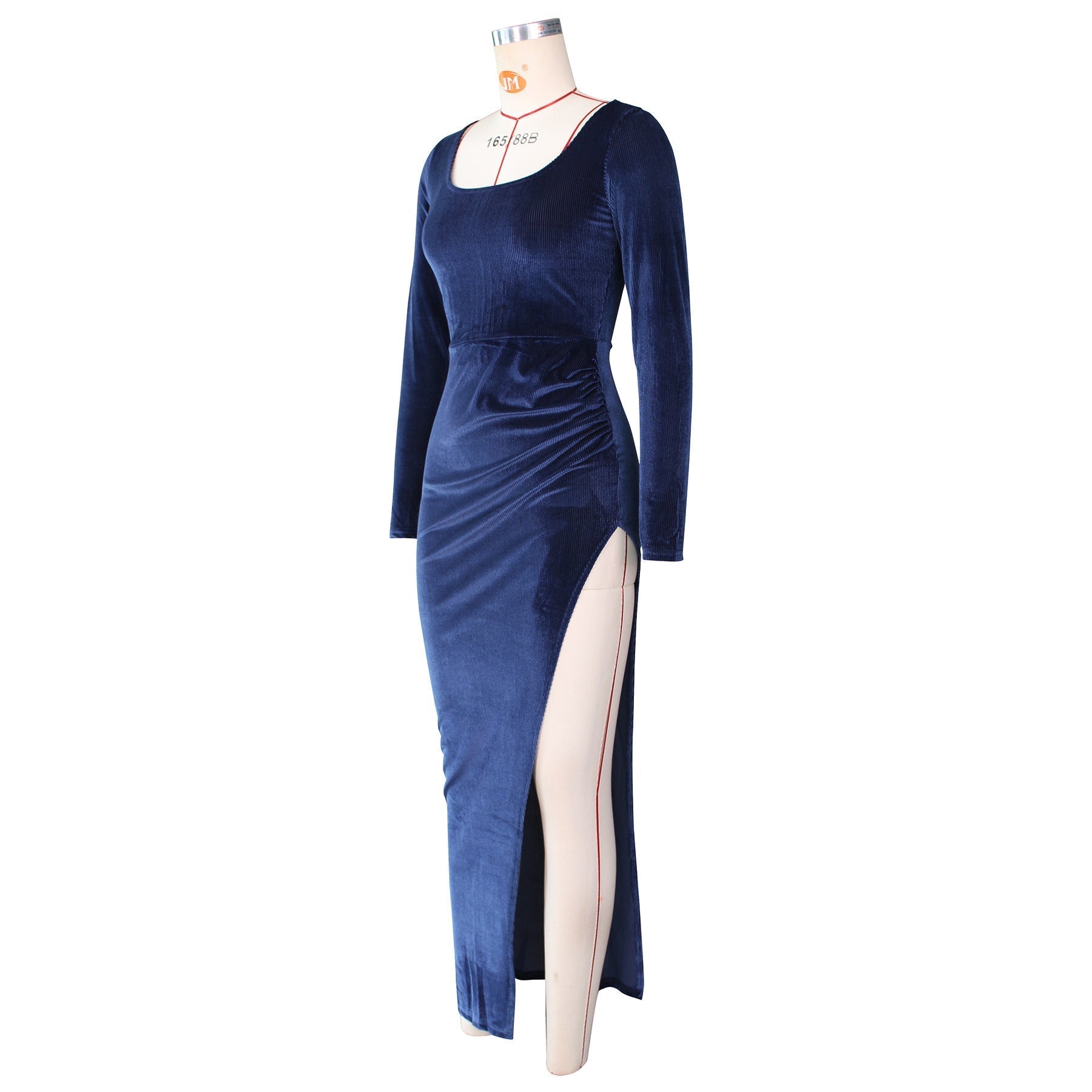 Square Neck Ruched Waist High Slit Long Sleeve Maxi Dress
