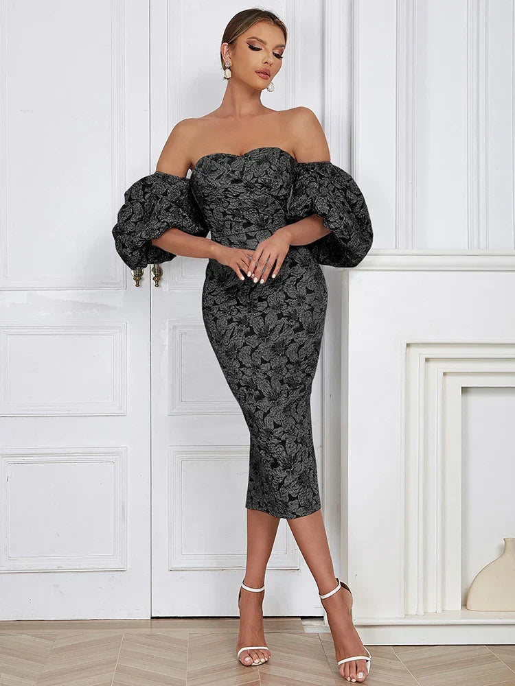 Off Shoulder Floral Jacquard Puff Sleeve Bodycon Midi Dress