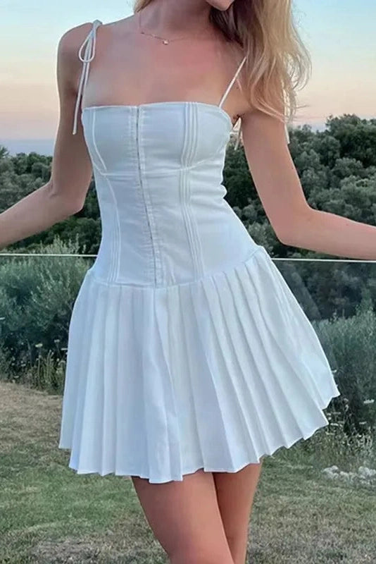 Pleated Slim Fit A-Line Mini Dress with Spaghetti Straps