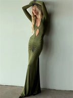 Deep V-Neck Midriff Cutout Ruched Front Long Sleeve Bodycon Maxi Dress