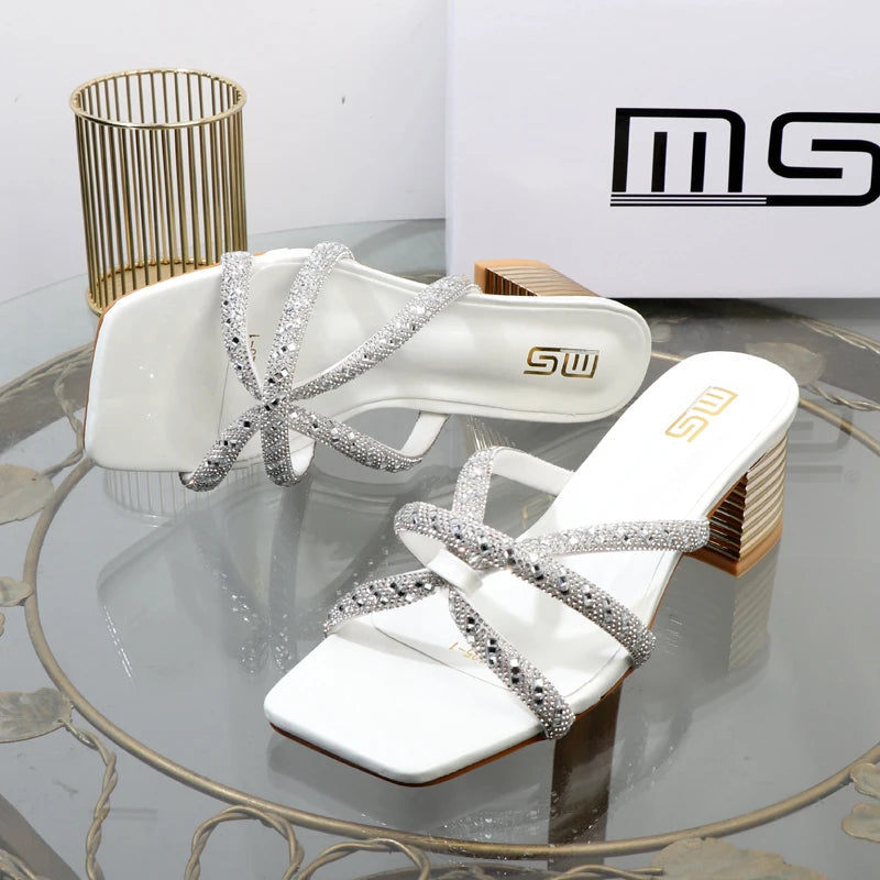 Rhinestone sandals with thick high heels for women's luxury style in autumn