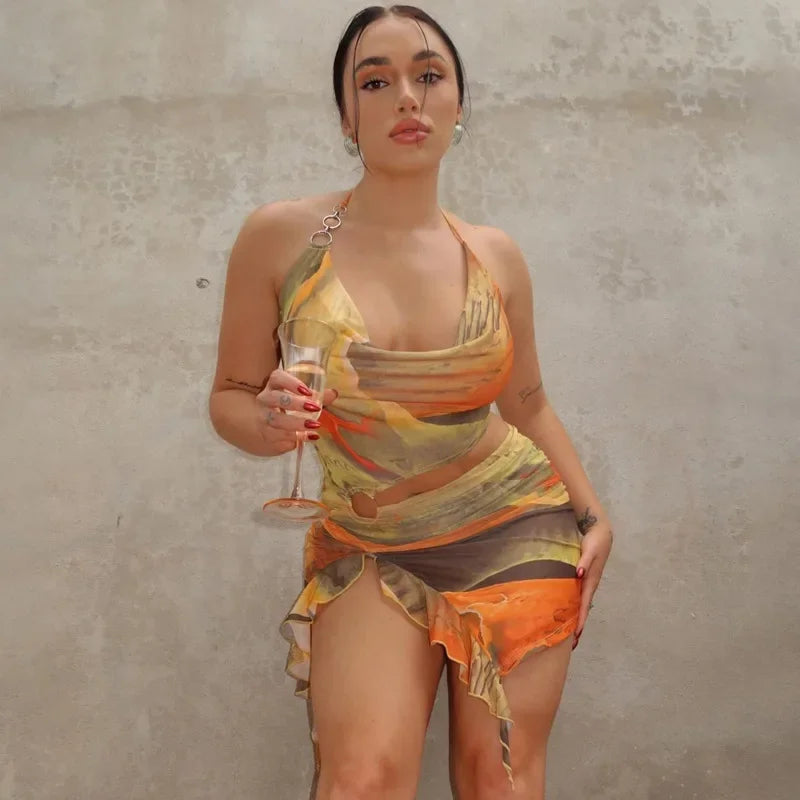 Abstract Print Halter Crop Top Ruffle Mini Skirt Set