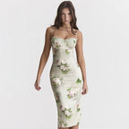 Satin Corset Lace Trim Floral Print Bodycon Midi Dress