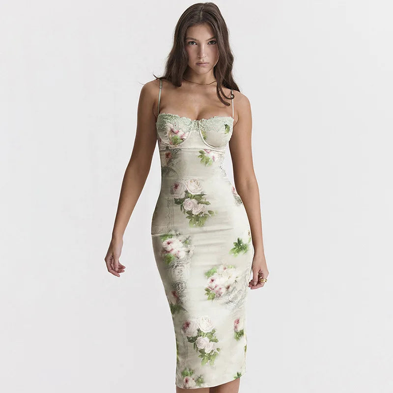 Satin Corset Lace Trim Floral Print Bodycon Midi Dress