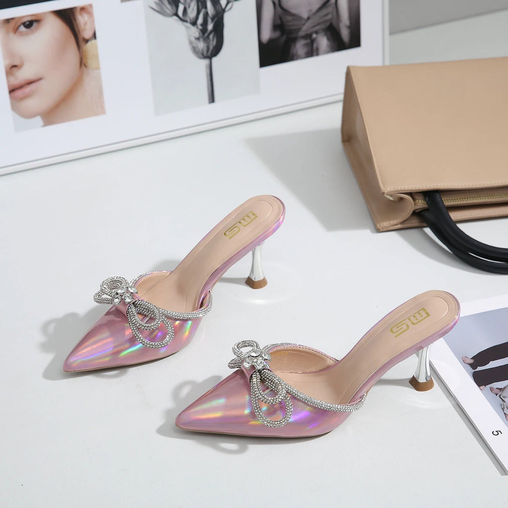 Summer rhinestone bow sandals with pointed semi-slippers and thin heels