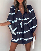 DressBetty - Casual Flora Print Batwing Sleeve Lace-Up Dress