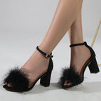Summer Gladiator Sandals with Fluffy Peep Toe and Low Square High Heels for Women