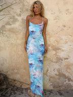 Tie-Dye Print Cowl Neck Spaghetti Strap Slip Maxi Dress
