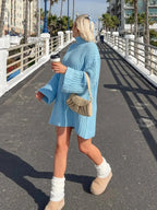 2025 Autumn Winter Blue Sweater Dress Fashion High Collar Knit Short Dress Loose Straight Solid Flare Sleeve Casual Women Dress