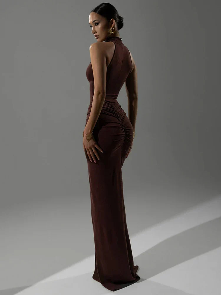Ribbed Knit Halter Neck Ruched Hip High Split Maxi Dress