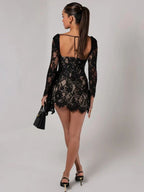 Square Neck Lace Corset Long Sleeve Ruched Scalloped Hem Mini Dress
