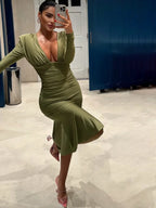 Long Sleeve Ruched Plunging Cut Out Mermaid Flounce Hem Midi Dress